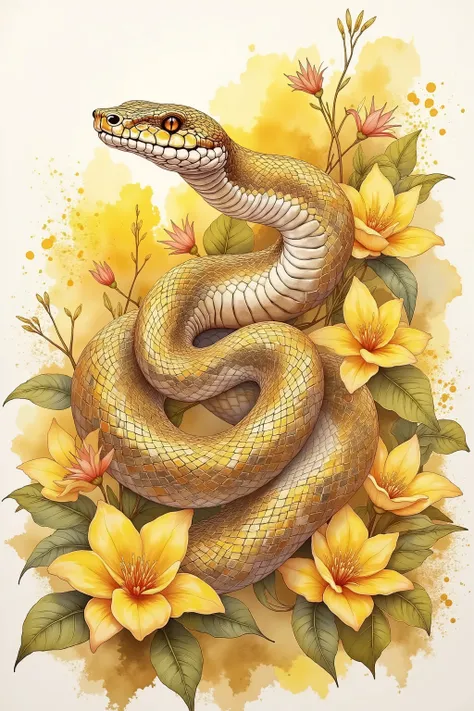 ink watercolor painting of a golden snake, yellow leaves in background, color splashing, pastel coloring, intricate detailed