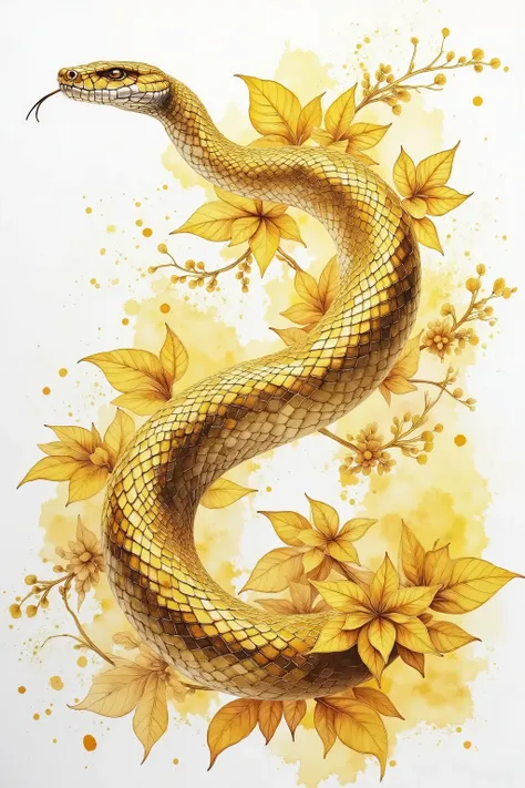 ink watercolor painting of a golden snake, yellow leaves in background, color splashing, pastel coloring, intricate detailed