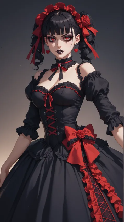  Masterpiece,  top quality,  high resolution,  beautiful girl、 black hair、 vampires、 gothic lolita style suitable for combat、Combat-appropriate dress based on red and purple