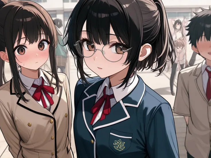  black hair。 ponytail。 high school girl。uniform。 small tits。 brown eyes。Good posture。 are standing。Glasses。１people。