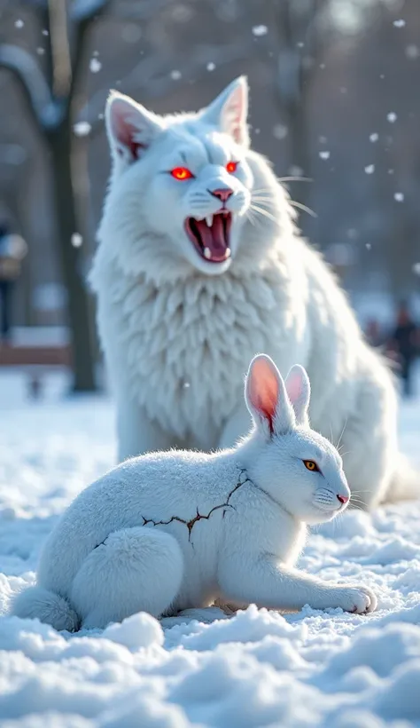 "The massive snow rabbit lies motionless on the snowy ground, its body cracked and lifeless after reverting back into a snow sculpture. The once terrifying creature is now frozen, with deep fractures running across its surface, small chunks of snow crumbli...