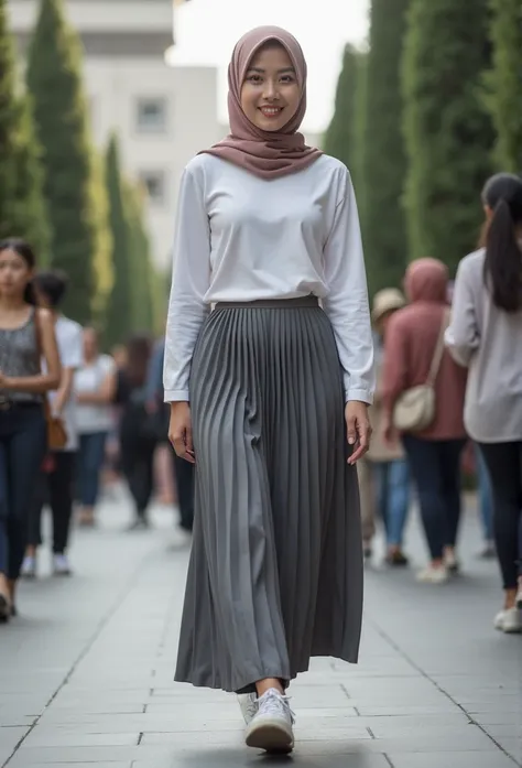   A beautiful smooth Indonesian woman ,  little fat , tall body, hijab, wearing a slightly tight long-sleeved transparent white T-shirt and a high-waisted grey pleated skirt. canvas shoes, walk in front of a building crowded by visitors. look at the viewer...