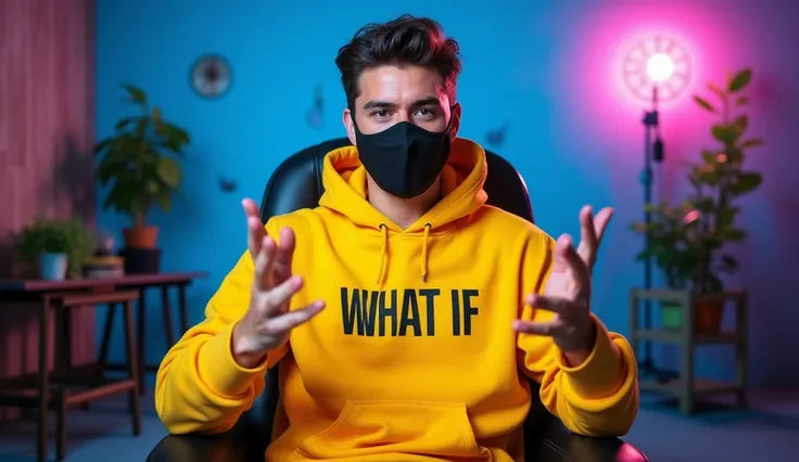 An man of 21 year old sitting confidently on a modern chair in his historical YouTube studio. He is wearing a bright yellow hoodie with 'WHAT IF boldly printed on it. His face is clearly visible and expressive despite wearing a sleek black COVID-19 mask. T...