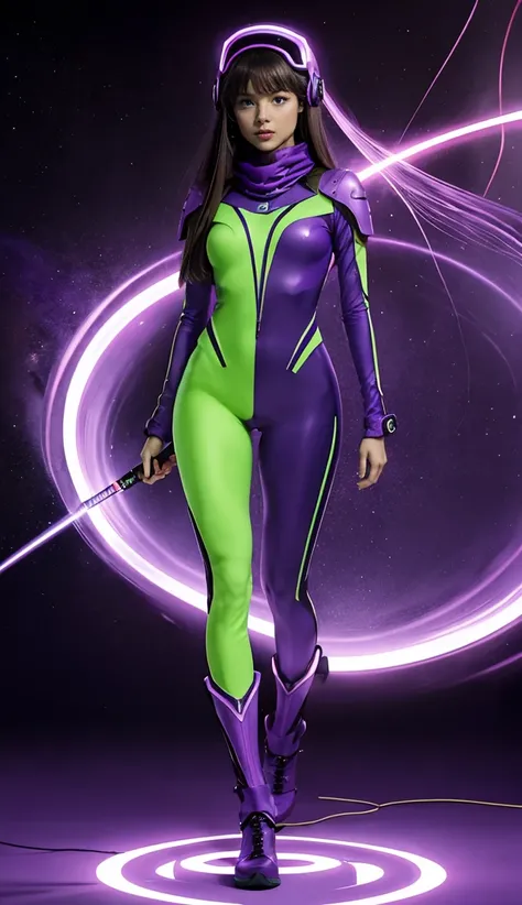 Accurate 、Full Body Photo 、Standing in her full height from head to toe 、Studio background 、 Olivia Rodrigo、Wearing a super tight purple glowing coloured zero suit 、purple zero glowing boots 、Holding a double dagger with an electric effect、Purple with elec...