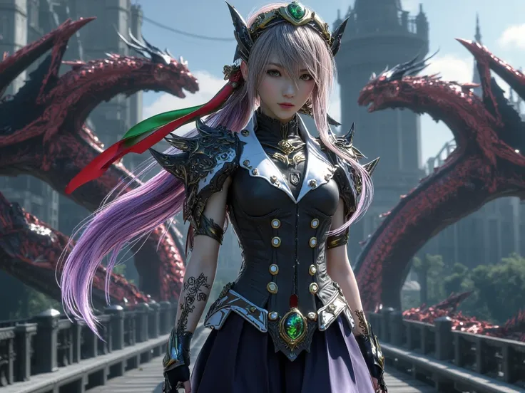  Full body image of a 21-year-old young woman with Japanese features .  has long hair,  tongue reaches up to your legs,  styled in a ponytail adorned in a red ribbon with emerald green and a tiara of black scales with gold details,  the hair is ash blonde ...