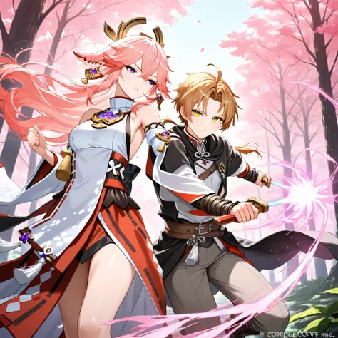 Love couple, Yae Miko and Rudeus Greyrat, fierce looking, wielding water magic, pink leaves tree, forest in background, masterpiece, best quality, High resolution 