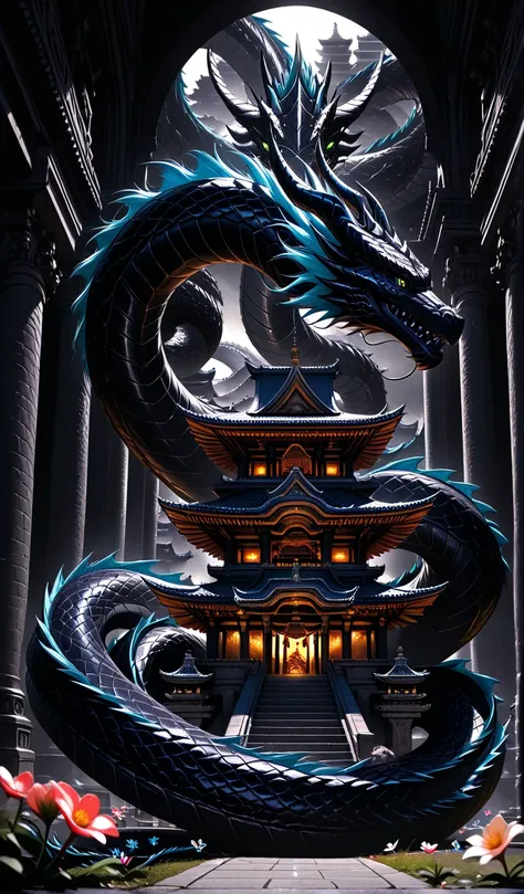 serpent dragon, black dragon, chinese dragon, scales, coiled around ancient tower, column, ancient, temple, flower, dark theme, 8k, dslr, realistic background, textured, photo, realistic lighting, masterpice, best quality,