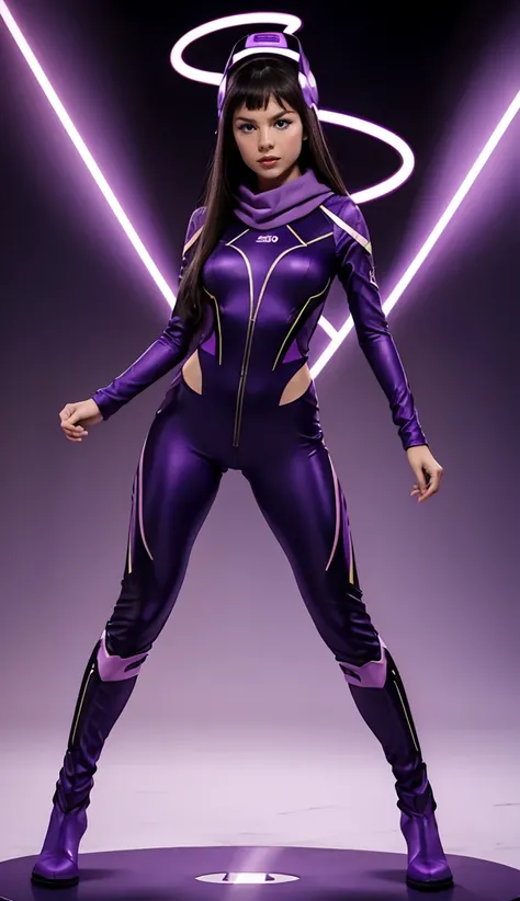 Accurate 、Full Body Photo 、Standing in her full height from head to toe 、Studio background 、 Olivia Rodrigo、Wearing a super tight purple glowing coloured zero suit 、purple zero glowing boots 、Holding a double dagger with an electric effect、Purple with elec...