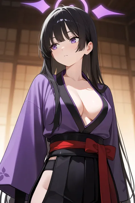 1 girl, Hair length reaches the back, Black hair and purple on the edges of the hair, purple eyes, but not bright, wear a sexy samurai outfit, หน้าอกไซส์ปานกลาง, have a purple halo