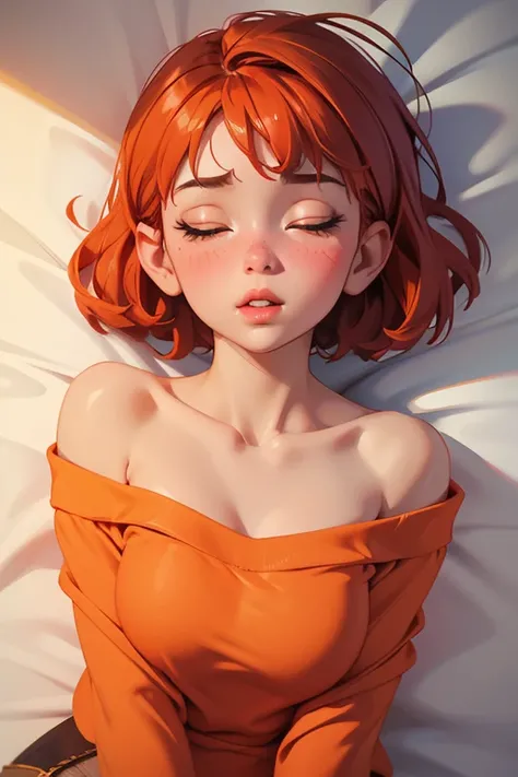 Amazing portrait of a sexy and cute girl with a short bob hairstyle and a seductive gaze who is blushing intensely with parted lips and is desperate and flustered and lustful wearing an off shoulder orange t shirt showcasing her bare shoulder while lying o...