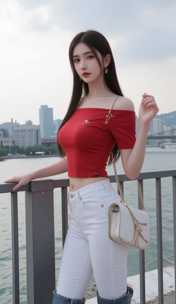 (  8k units CG wallpapers extremely detailed  ,  Masterpiece,  best quality , ultra-detailed), (((Alone)))), (( ultra wide image  :1.15)), a beautiful young woman drawing elegant summer dress face with red maple top and white jeans on the bridge looking at...