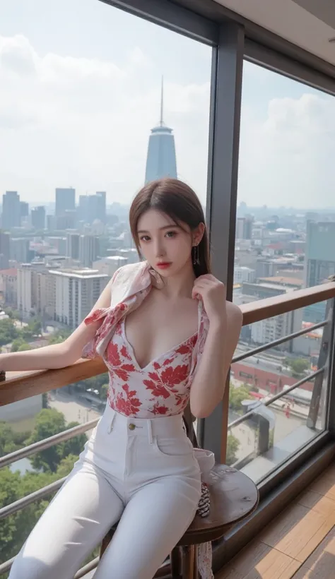 (  8k units CG wallpapers extremely detailed  ,  Masterpiece,  best quality , ultra-detailed), (((Alone)))), (( ultra wide image  :1.15)), a beautiful young woman drawing elegant summer dress face with red maple top and white jeans on the bridge looking at...