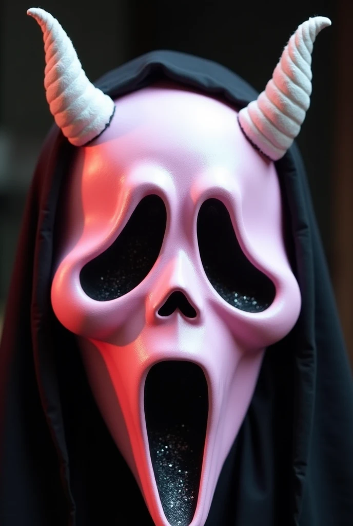 Ghost face is predicted from the movie scream, face should be pastel pink and a darker shade of pink by the cheek bones. Must have eye lashes and white glittery Horns. Eye sockets and mouth should be pink and and white glitter