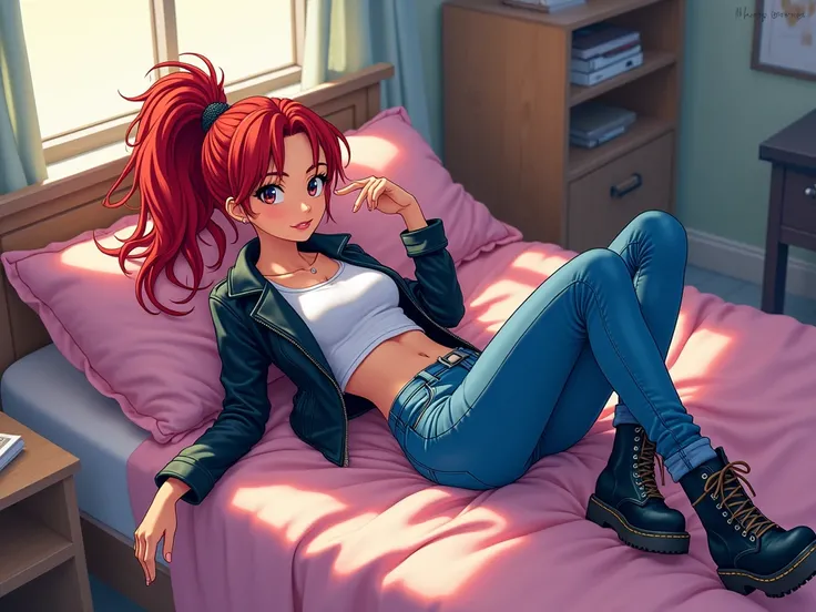 a girl wearing half t shirt, leather jacket  and tight blue jeans and boots with red pony tail hair. flops onto her bed. anime style