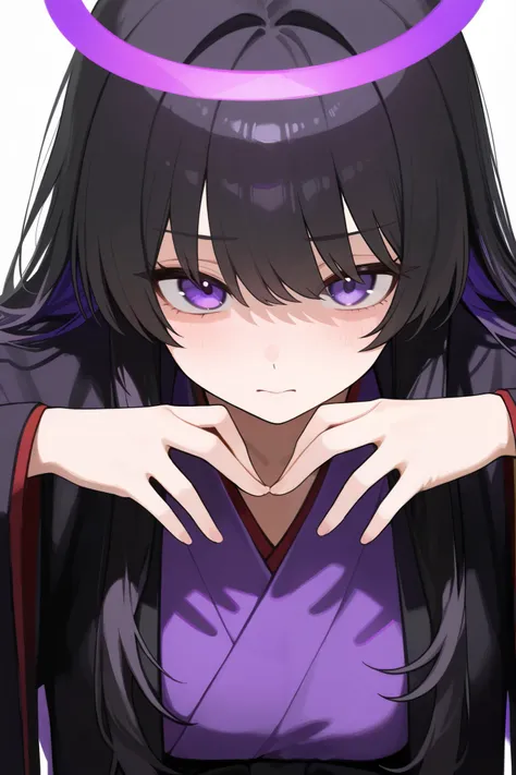 1 girl, Hair length reaches the back, Black hair and purple on the edges of the hair, purple eyes, but not bright, wear a sexy samurai outfit, หน้าอกไซส์ปานกลาง, have a purple halo