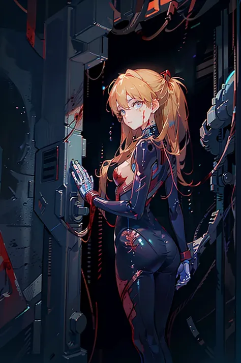 (Overhead view),Dynamic Angle,Ultra-detailed, Illustration, close-up, straight on, 1girl in, 
 ((Asuka Langley Soryu, Interface headset, Red bodysuit:1.4, Blonde)),Her eyes shone like dreamy stars,(Glowing eyes:1.233),(Beautiful and detailed eyes:1.1),(dea...