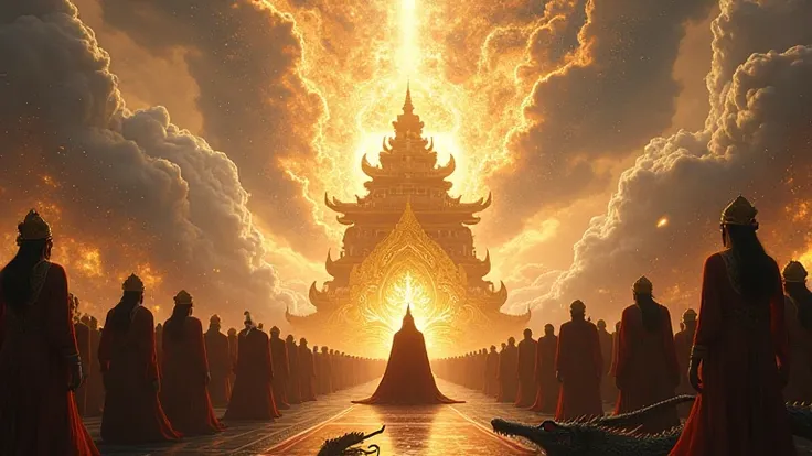 A grand celestial hall in the heavens, where powerful Indonesian gods gather around an ethereal golden throne. The sky outside swirls with cosmic energy, while divine beings adorned in traditional garments discuss the fate of the Earth. A mystical aura fil...