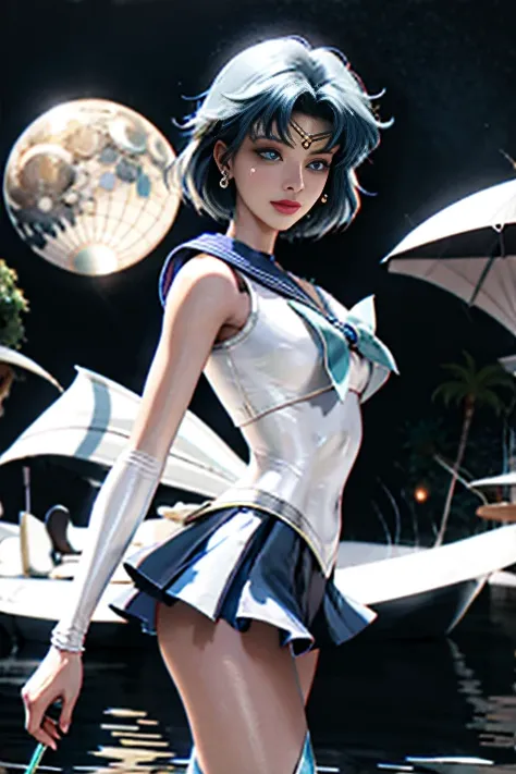 full: 1.3, to stand, masutepiece, 3D, Realistic, Ultra Micro Photography, of the highest quality, Ultra detailed CG Unity 8K wallpaper,SEXY Model Pose、Dynamic Poses,(Combat stance), (Mer1, tiarra, Sailor Senshi Uniform, White Gloves, blue sailor collar, Bl...