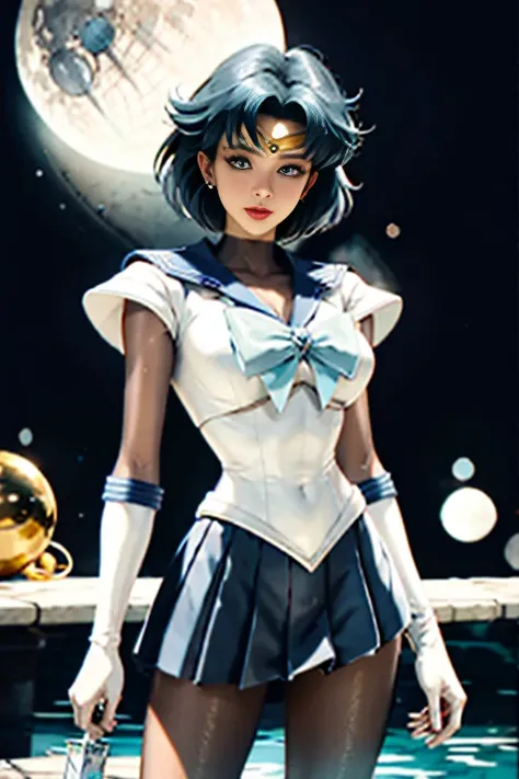 full: 1.3, to stand, masutepiece, 3D, Realistic, Ultra Micro Photography, of the highest quality, Ultra detailed CG Unity 8K wallpaper,SEXY Model Pose、Dynamic Poses,(Combat stance), (Mer1, tiarra, Sailor Senshi Uniform, White Gloves, blue sailor collar, Bl...