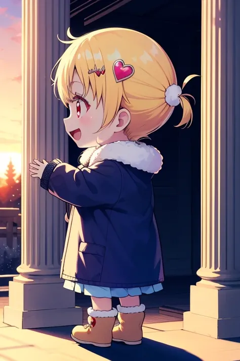  Masterpiece，College age  ,   tight，  girl， very short，  Toddler body shape，difficult,  blond,   Little zombie character with red eyes in the shadow of a pillar ,     short hair,   Hair Ornament , heart   Hair Ornament ,      short twin tail，  eyelashes , ...