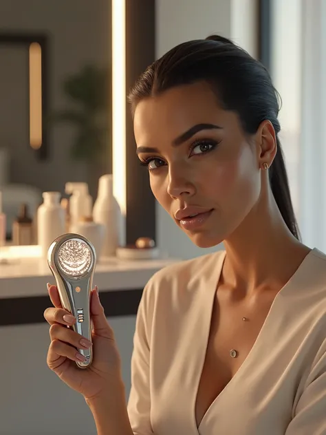 Kim Kardashian sits in a modern, well-lit room. She picks up a sleek, futuristic light-based multifunctional facial massager from a luxurious vanity and looks at it with curiosity and excitement.