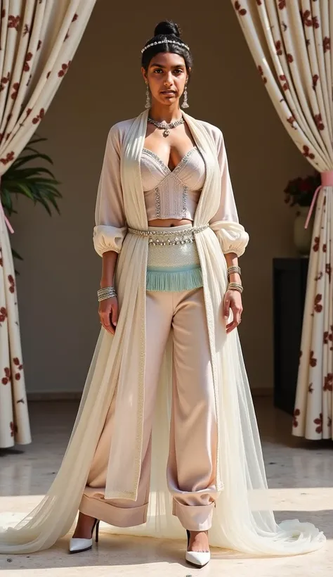 Full shot of kim kardashian wearing consists of a light pink top with long sleeves with a light beige, close cable-knit cardigan. The cardigan features a front button closure, and mid long sleeves. A wide belt, also in a light beige color, is cinched aroun...