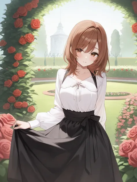  one woman、 brown hair, Rose Garden, undressed white blouse and black apron dress,