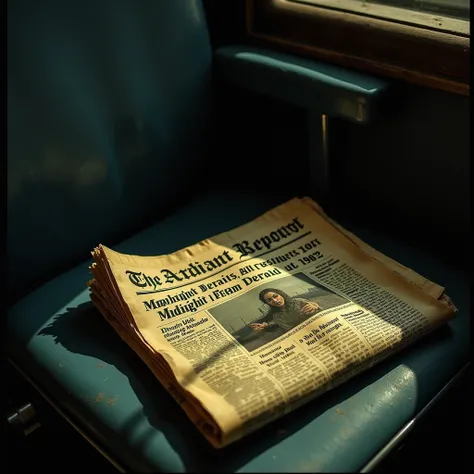  The Faded Newspaper with the Accident Report
Prompt:
A yellowed, faded newspaper rests on the train seat next to Meera. The headline reads: "Tragic Accident: Midnight Train Derails, All Passengers Lost – 12:07 AM, February 5, 1973." The paper is wrinkled ...