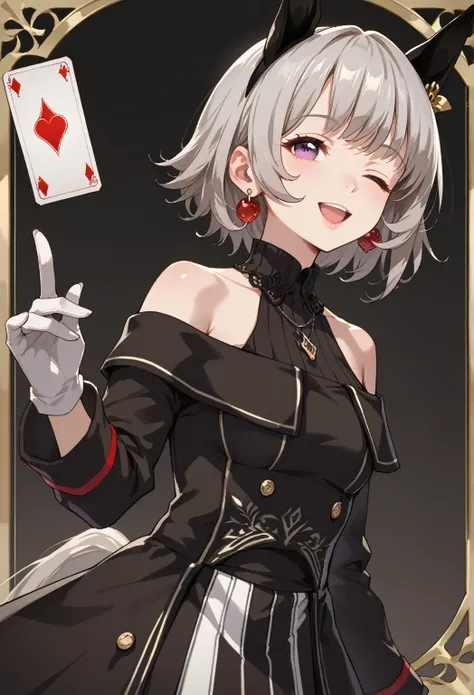 Wow , horse ears、 Katyusha ,earrings, Grey Hair ,  medium hair ,  Purple Eyes,  horsetail,r4ce, off shoulder, black dress, striped dress, Long Sleeve, white gloves,  Karen Chang、 tarot cards、 wink