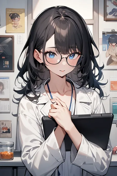  1 girl , Female Focus,  black hair,  blue eyes, Wear a girl's school uniform, PUT ON A LAB GOWN, tablets,  otaku ,  wearing glasses,  small chest, ( Masterpiece), ( best quality), (Advanced details),  aesthetics , illustration,  Hair Messy , , perfect com...