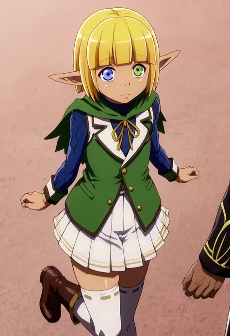 mare bello fiore, heterochromia, blue eyes, green eyes, blonde hair, pointy ears, elf,dark skin,dark skinned male,white thighhighs,thighhighs,brown boots,white skirt,pleated skirt,gold trim skirt,green coat,short coat,otoko no ko,male focus,solo,