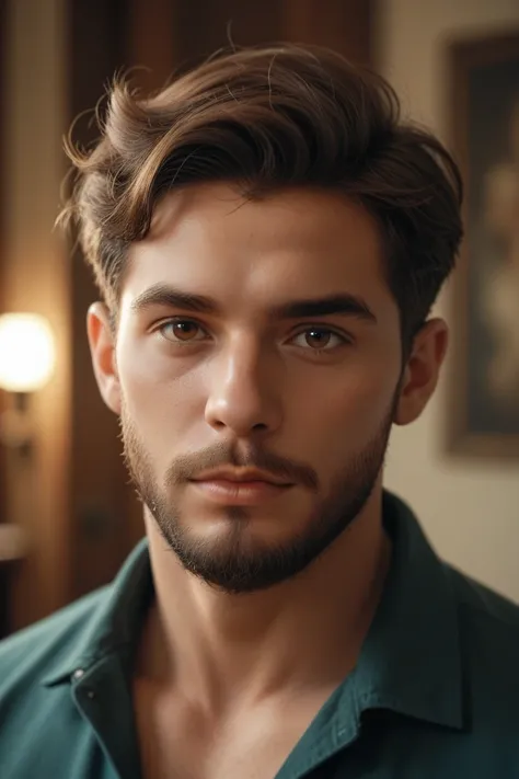 The image is a portrait style photograph showing a man who has an olive skin tone, short brown hair, brown eyes, and a well-groomed beard. The background is softly blurred, suggesting the exterior of possibly a dimly lit university.