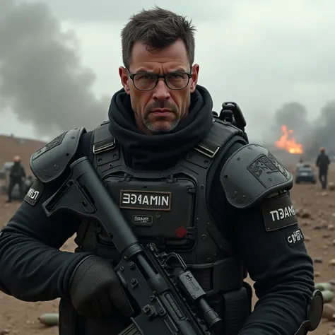 PORTRAIT OF A MIDDLE-HAIRED SOLDIER WEARING GLASSES WEARING BLACK ARMOR. ON THE ARMOR WRITTEN THE WORDS BENJAMIN AND CBR7 CARRYING M16 GUNS, BATTLEFIELD SCENE. 