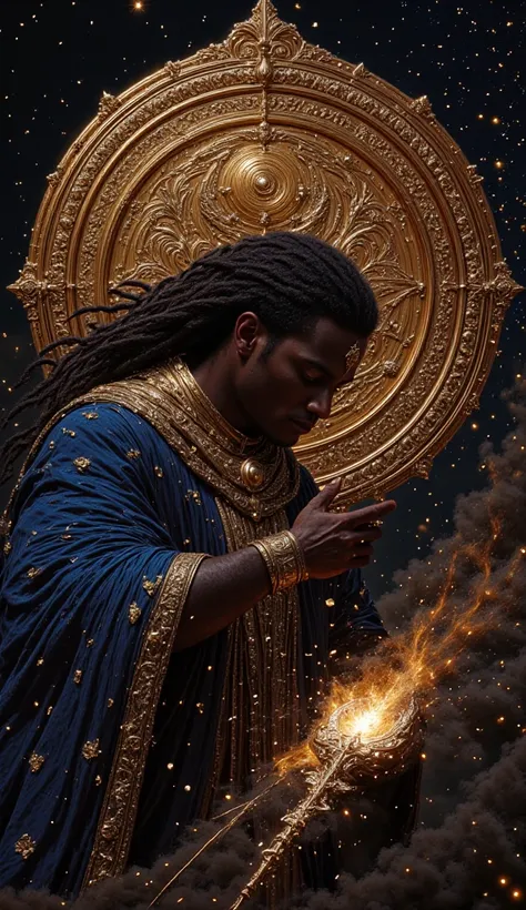 A powerful, master craftsman god with dreadlocks shaping the very fabric of reality, with galaxies, stars, and worlds unfolding from their divine forge like a masterpiece of cosmic artistry, show that he is making galaxies from his hands, Dreadlocks afro-d...