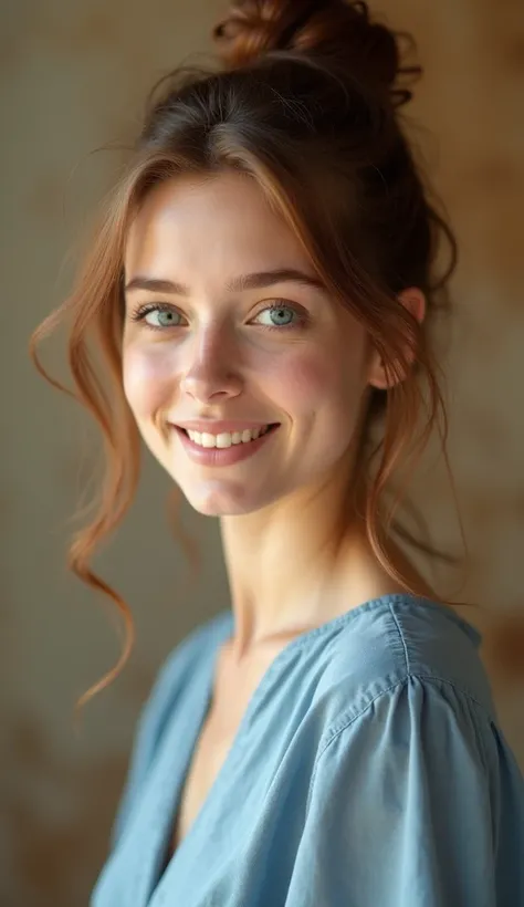 High resolution image of a beautiful young woman with chestnut hair tied in a messy bun, makeup with a few loose strands framing her heart-shaped face, piercing blue eyes with a warm sparkle, she is happy, She wears a simple blue knee-length dress, bathed ...