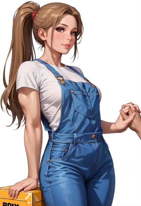 ((White background )) (Curve:1.1) rathing_explicit ,((1girl)) , (solo girl), (Long brown hair with a ponytail), lip stick, makeup, (brown eyes:1.05), (blush:0.3), Age 30 years (Russian girl) ((White T-shirt, denim overalls:1.4))  ,tall, long sexy legs, ((t...