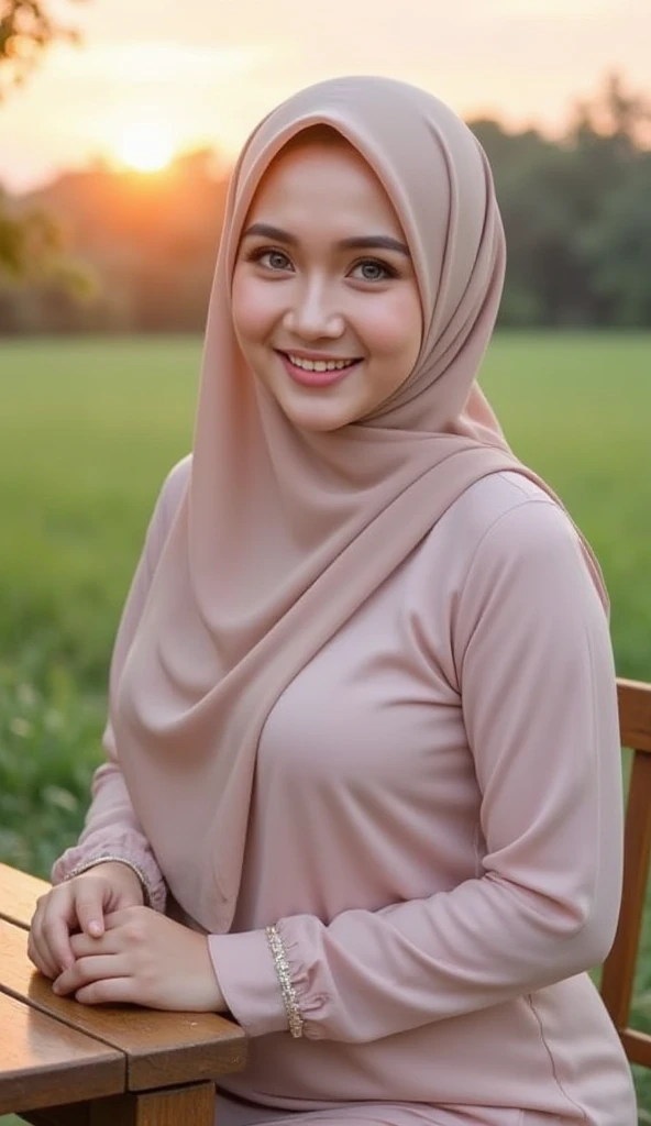 ( Close Up),RAW,  best quality ,  random background,  Works : 1.3), Wanita Melayu cantik  wearing hijab, Maha Works ,  body fit ,  store bryster,  beautiful big eyes using blue mirror and blue eyeshadow,  soft smile ,  dark brown lips very wide ,  pretty f...