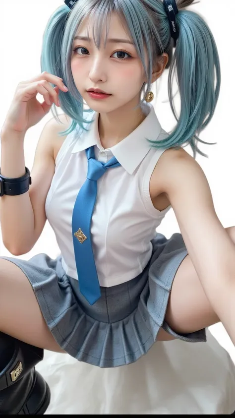  1 girl, gal,  sexy girl,( top quality,  absolute resolution , super detailed, Masterpiece),( Photoreal),8k,( detailed face),  Delicate and Realistic Touch ,( Eyeliner), Hatsune Miku, light blue hair, twin tails, very long hair, Hair Ornament, hairpins, ha...