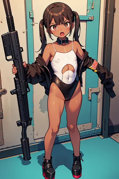 angry scream, Open mouth, ten_years_old girl, Pullover, whole body to see, pigtails bangs hair, flat chest, fullbody, platform heels, tanned skin, ((brown skin)), cyan leotard, flat chest , topless, ((high cut leotard), standing, holding gun, shooting gun,