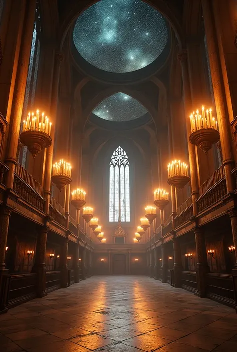 Generate an image of Harry Potter's Great Hall. Make it look realistic and photo-realistic. Add lit candles floating around the bottom of the ceiling.