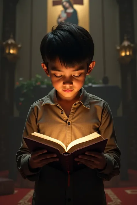 A boy standing and reading bible 