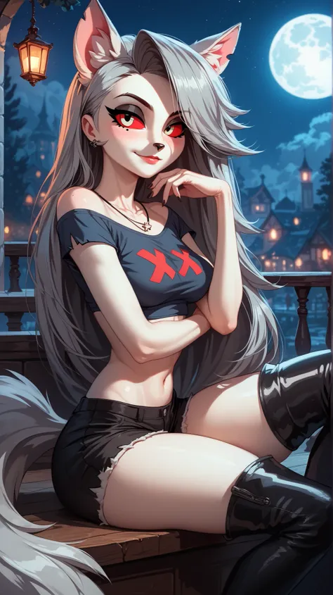 Perfect eyes, perfectly sexy face , extremely detailed, looking at the spectator, red eyes, loona, hazbin hotel, wide hips , animal ear, animal ears , animal nose, tail, shorts brancos, short shorts , thigh boots, short top, apenas_shoulder, Fantas...