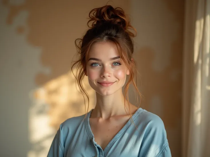 High resolution image of a beautiful young woman with chestnut hair tied in a messy bun, makeup with a few loose strands framing her heart-shaped face, piercing blue eyes with a warm sparkle, she is happy, She wears a simple blue knee-length dress, bathed ...