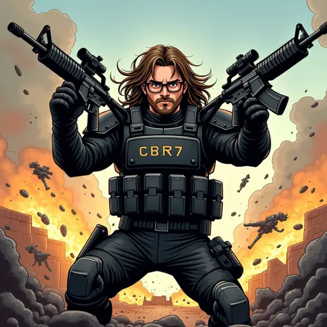 PORTRAIT OF A LONG-HAIRED SOLDIER WEARING GLASSES WEARING BLACK ARMOR ON ARMOR WRITTEN THE WORDS BENJAMIN AND CBR7 CARRYING M16 GUNS BATTLEFIELD SCENE CARTOON IMAGE