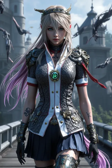  Full body image of a 21-year-old young woman with Japanese features .  has long hair,  tongue reaches up to your legs,  styled in a ponytail adorned in a red ribbon with emerald green and a tiara of black scales with gold details,  the hair is ash blonde ...