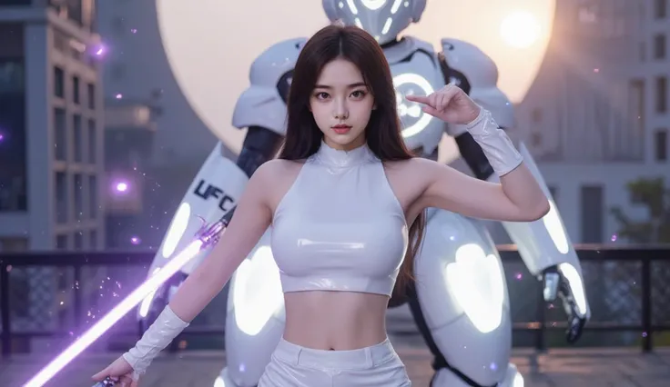 girl of 19 years of age ((Vivid face detailing))wearing a sleeveless white power rangers ((shiny suit)) posing in a happy mood holding a white wolf themed katana ((the katana is radiating purplish aura)) holding it in one hand,other arm raised up sending o...