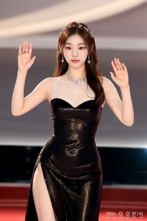 A beautiful South Korean female idol with a perfect body and long legs, showcasing an ideal physique on the red carpet of an international film award ceremony. She raises her hand to greet the crowd, offering a radiant smile with a flawless face. She wears...