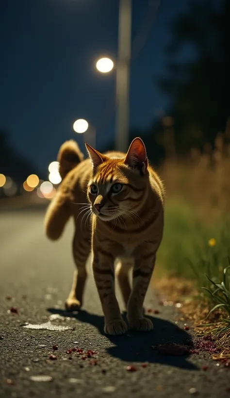 "The cat, determined and unwavering, carefully lifts the injured dog onto its back. Blood drips from the dog's wounds, staining the pavement as the cat struggles forward, step by step. Its small frame trembles under the weight, but it refuses to stop. Stre...