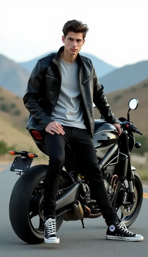 "Create an image of a young man in his early 20s, wearing a black leather jacket, a gray t-shirt, black jeans, and black-and-white Converse sneakers. He is sitting casually on a stylish sport motorcycle, positioned as if standing but still seated. The sett...