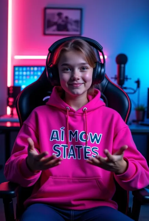 modern gaming chair in his YouTube studio. He is wearing a bright Pink hoodie with "AI Meow States" boldly printed on it. His face is clearly visible and The girl is gesturing with his hands, as if explaining something important, while looking directly at ...